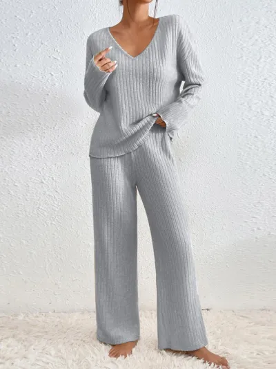 Women Fashion Casual Autumn And Winter Solid Color Long-Sleeve Top Wide-Leg Pants Two-Piece Set