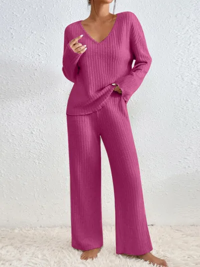Women Fashion Casual Autumn And Winter Solid Color Long-Sleeve Top Wide-Leg Pants Two-Piece Set