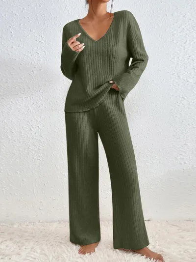 Women Fashion Casual Autumn And Winter Solid Color Long-Sleeve Top Wide-Leg Pants Two-Piece Set