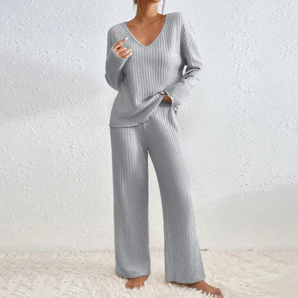 Women Fashion Casual Autumn And Winter Solid Color Long-Sleeve Top Wide-Leg Pants Two-Piece Set