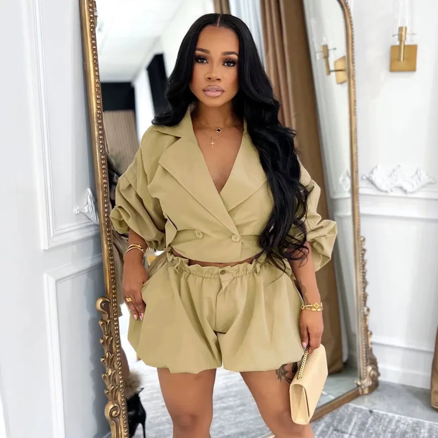 Women Fashion Casual Solid Color Lapel Long-Sleeve Short Coat Waist Loose Shorts Two-Piece Set