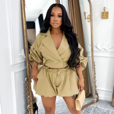 Women Fashion Casual Solid Color Lapel Long-Sleeve Short Coat Waist Loose Shorts Two-Piece Set