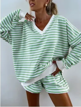 Women'S Fashion Casual Summer Stripe V-Neck Long-Sleeve Sweatshirt Loose Shorts 2-Piece Set