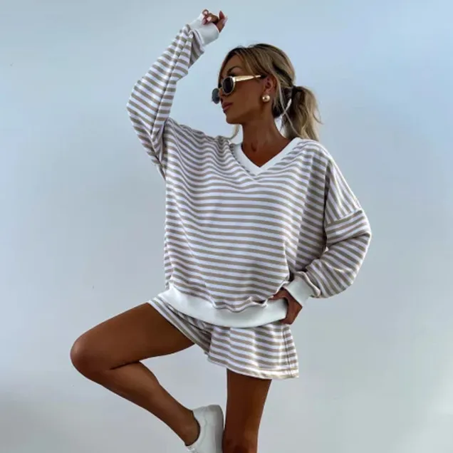 Women'S Fashion Casual Summer Stripe V-Neck Long-Sleeve Sweatshirt Loose Shorts 2-Piece Set