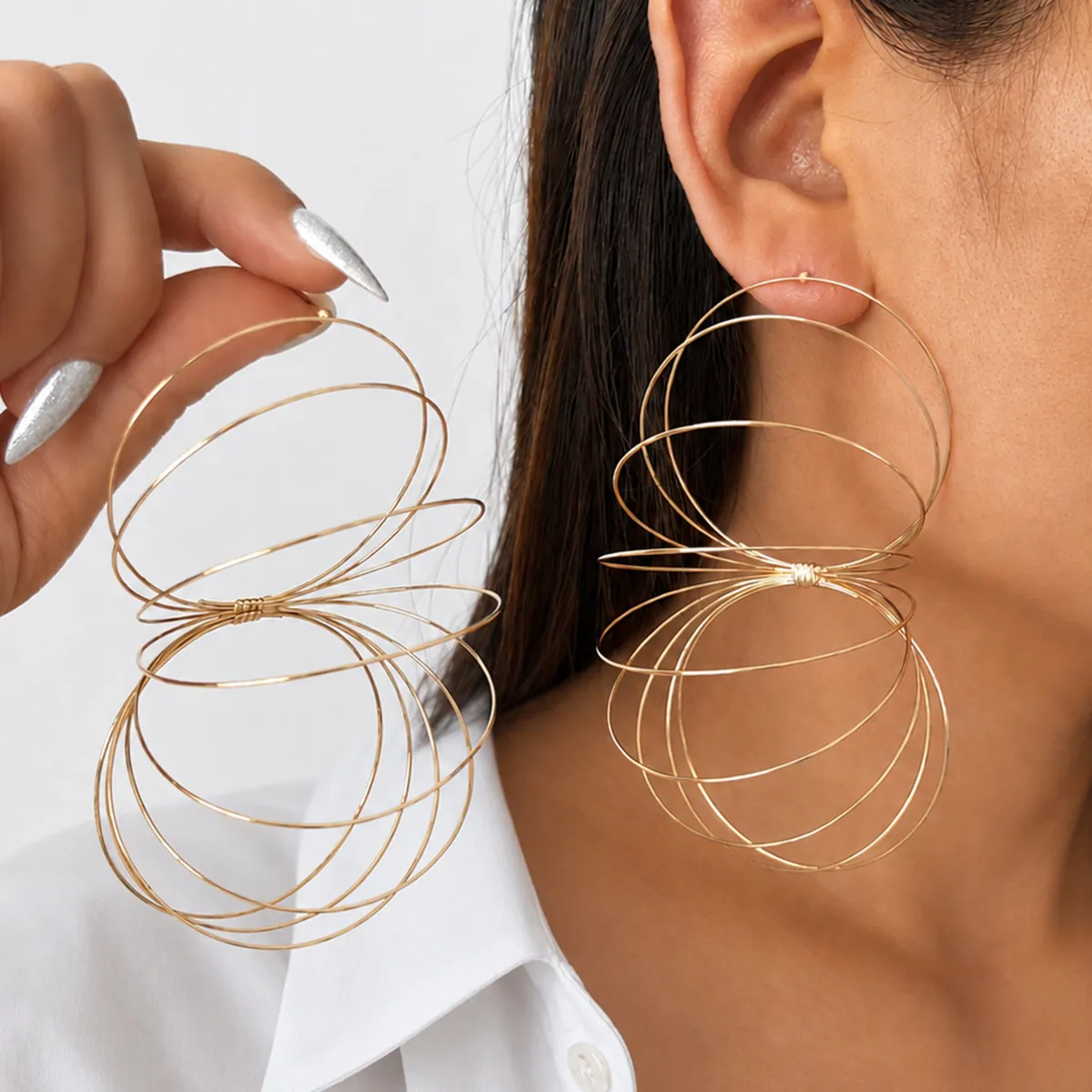 Women'S Fashion Exaggerated Geometric Multi-Layer Wire Ring Earrings