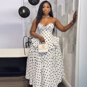 Women Fashion Polka Dot Print Strapless Ruffled Dress