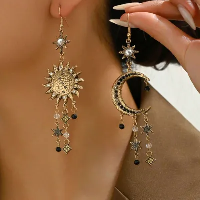Women Fashion Retro Star Moon Sun Tassel Earrings