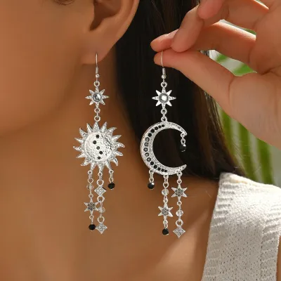 Women Fashion Retro Star Moon Sun Tassel Earrings