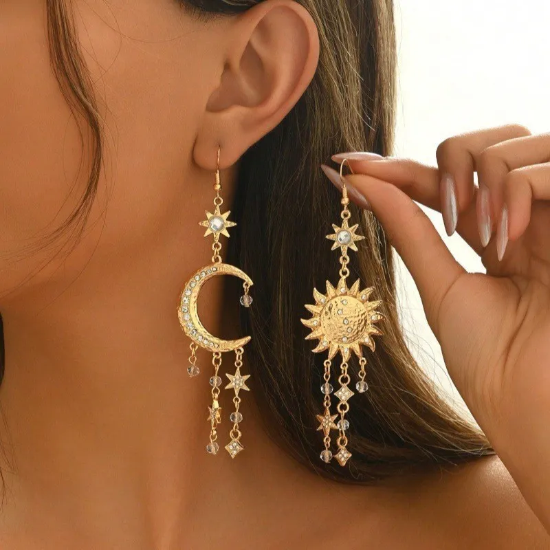 Women Fashion Retro Star Moon Sun Tassel Earrings