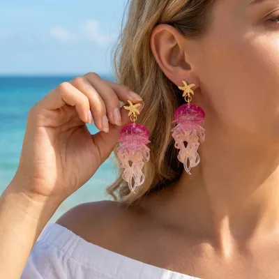 Women Fashion Creative Beach Jellyfish Starfish Transparent Gradient Long Tassel Earrings