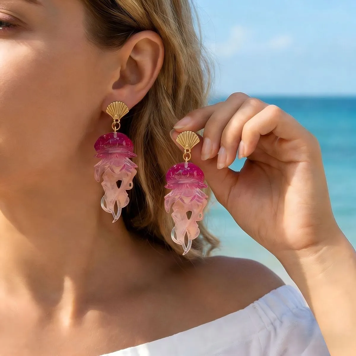 Women Fashion Creative Beach Jellyfish Starfish Transparent Gradient Long Tassel Earrings