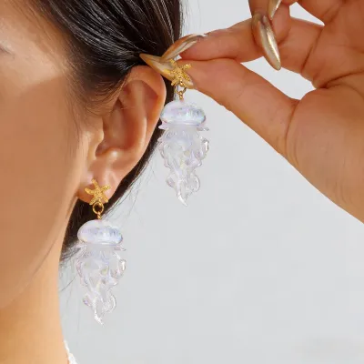 Women Fashion Creative Beach Jellyfish Starfish Transparent Gradient Long Tassel Earrings