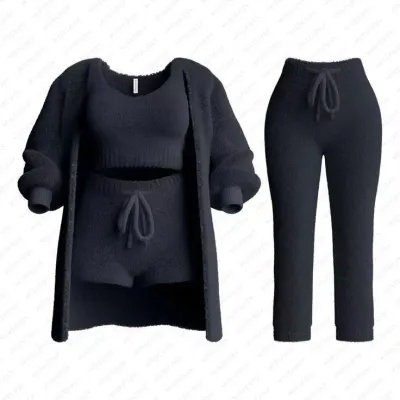 Women Fashion Sexy Autumn And Winter Solid Color Plush Tank Top Tight Shorts Long Sleeve Jacket Pant Knitted Four-Piece Set