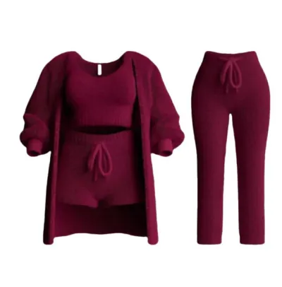 Women Fashion Sexy Autumn And Winter Solid Color Plush Tank Top Tight Shorts Long Sleeve Jacket Pant Knitted Four-Piece Set
