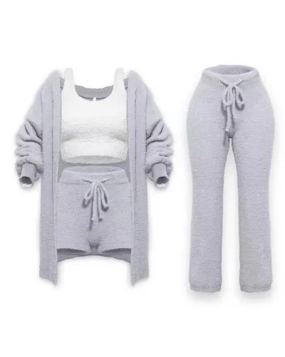 Women Fashion Sexy Autumn And Winter Solid Color Plush Tank Top Tight Shorts Long Sleeve Jacket Pant Knitted Four-Piece Set