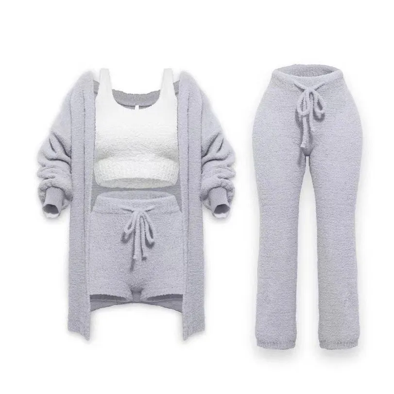 Women Fashion Sexy Autumn And Winter Solid Color Plush Tank Top Tight Shorts Long Sleeve Jacket Pant Knitted Four-Piece Set