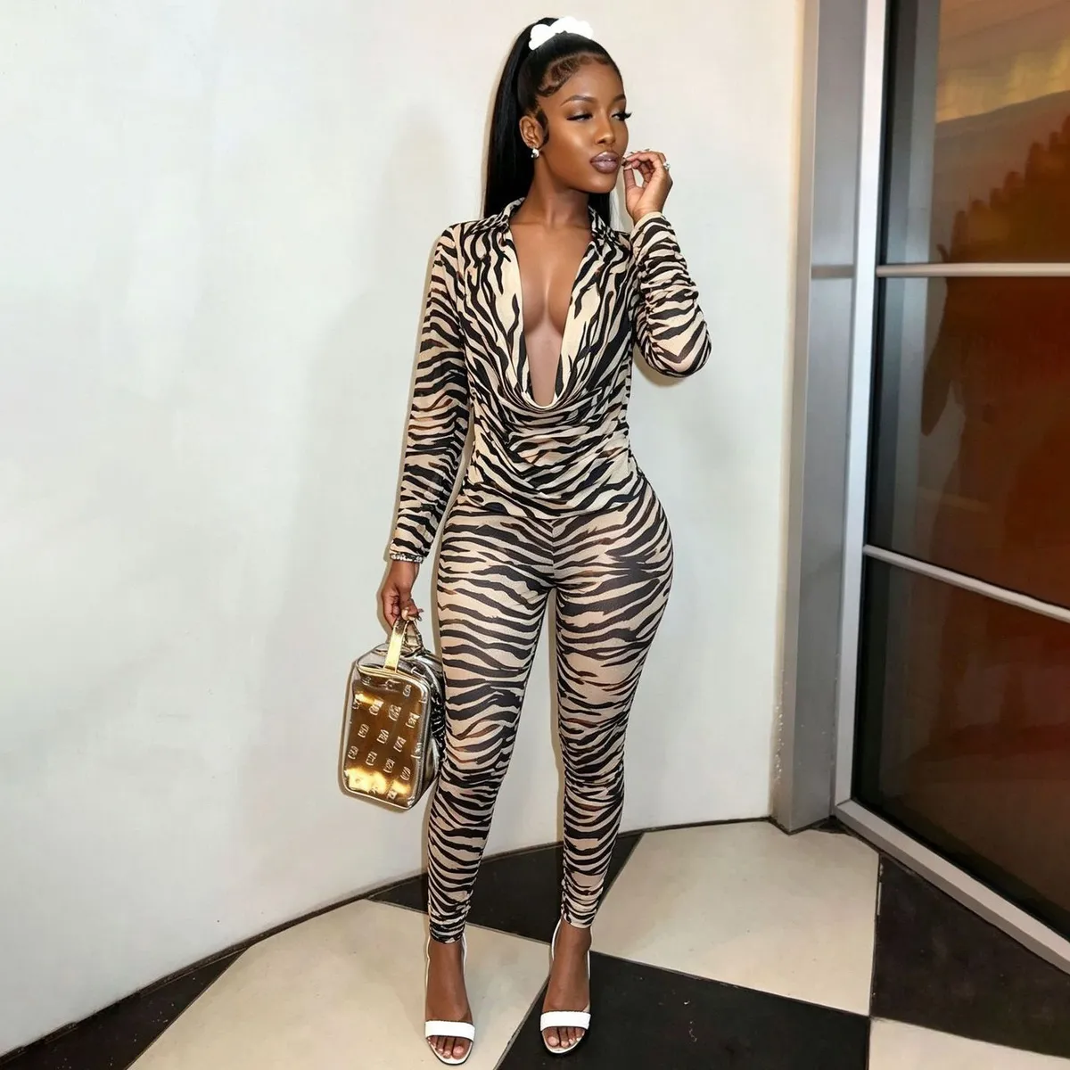 Women Fashion Sexy Mesh Zebra Printed High Stretch Deep V-Neck Long-Sleeve Top Slim Fit Pants Two-Piece Set
