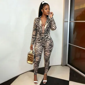 Women Fashion Sexy Mesh Zebra Printed High Stretch Deep V-Neck Long-Sleeve Top Slim Fit Pants Two-Piece Set