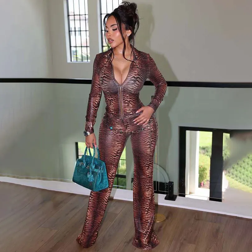 Women Fashion Sexy Mesh Print Long-Sleeve Zipper Top Slim-Fit High Stretch Pants Two-Piece Set