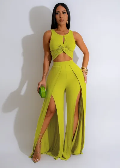 Women Fashion Sexy Summer Solid Color Tank Top Split Wide Leg Pants Two-Piece Set