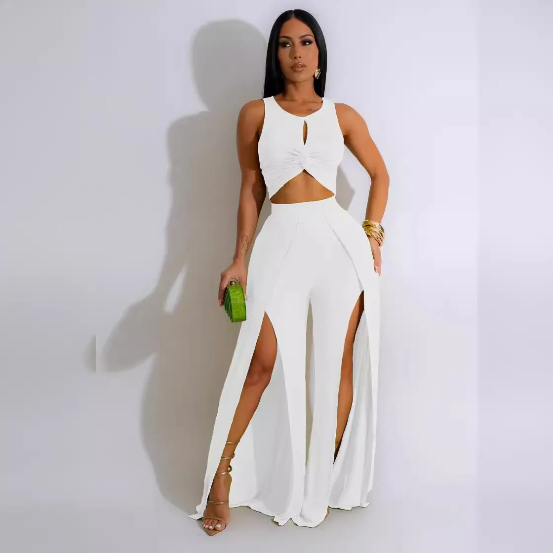 Women Fashion Sexy Summer Solid Color Tank Top Split Wide Leg Pants Two-Piece Set