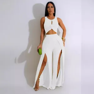 Women Fashion Sexy Summer Solid Color Tank Top Split Wide Leg Pants Two-Piece Set