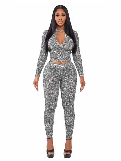 Women Fashion Sexy Spring And Autumn Printed Half-Turtleneck Zipper Long-Sleeve Crop Top Tight Pants Two-Piece Set