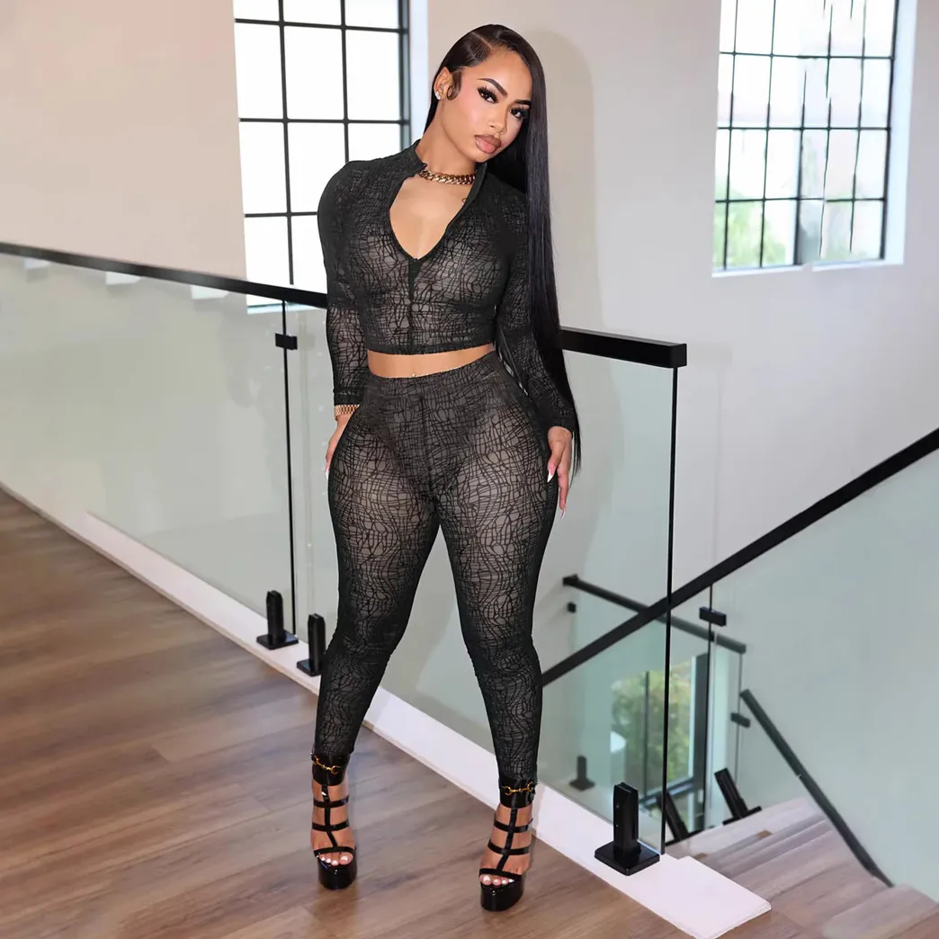 Women Fashion Sexy Spring And Autumn Printed Half-Turtleneck Zipper Long-Sleeve Crop Top Tight Pants Two-Piece Set