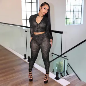 Women Fashion Sexy Spring And Autumn Printed Half-Turtleneck Zipper Long-Sleeve Crop Top Tight Pants Two-Piece Set