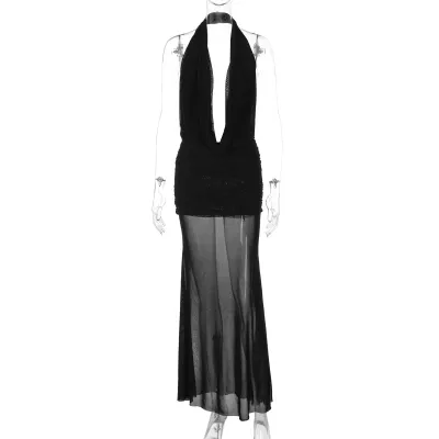 Women Fashion Sexy Solid Color Halter-Neck Backless Dress Mesh Maxi Skirt Two-Piece Set
