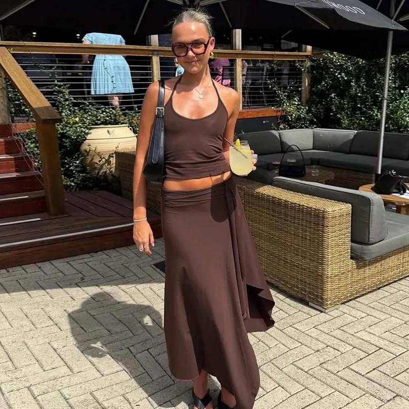 Women Fashion Sexy Summer Solid Color Camisole Irregular Maxi Skirt Two-Piece Set
