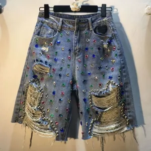 Women Fashion Rhinestone Beaded High Waist Hole Straight Denim Shorts