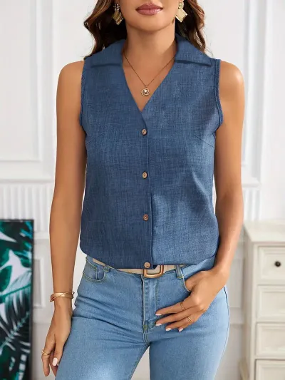 Women Casual Solid Color V-Neck Loose Chiffon Sleeveless Single-Breasted Shirt