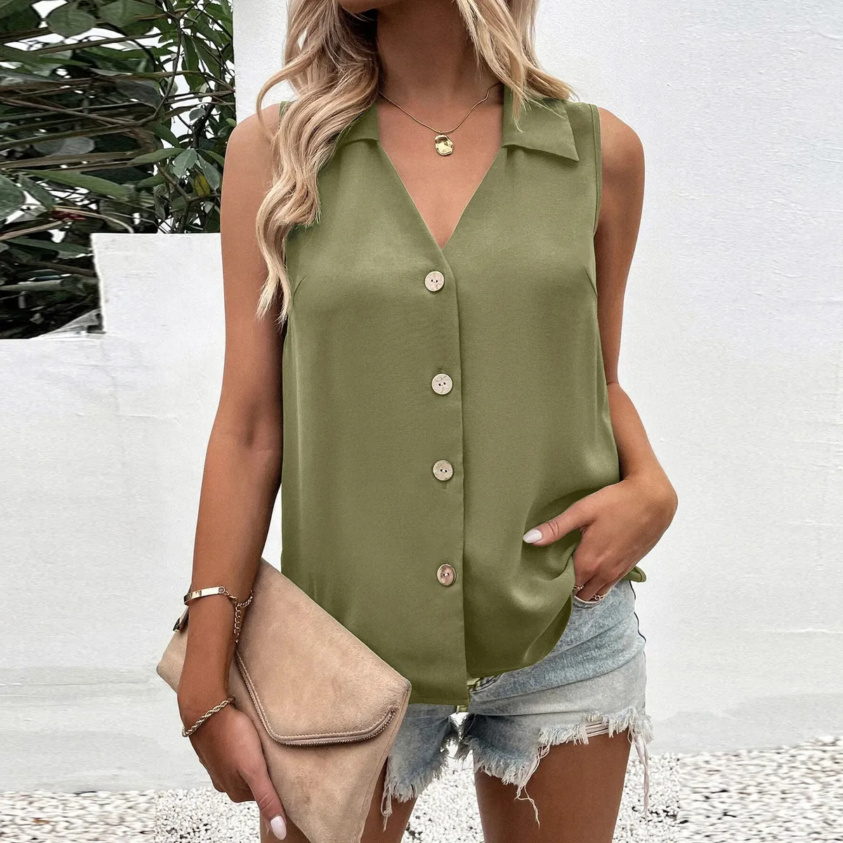 Women Casual Solid Color V-Neck Loose Chiffon Sleeveless Single-Breasted Shirt