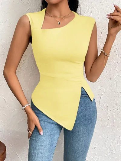 Women Simple Solid Color Irregular Hem Sleeveless Top