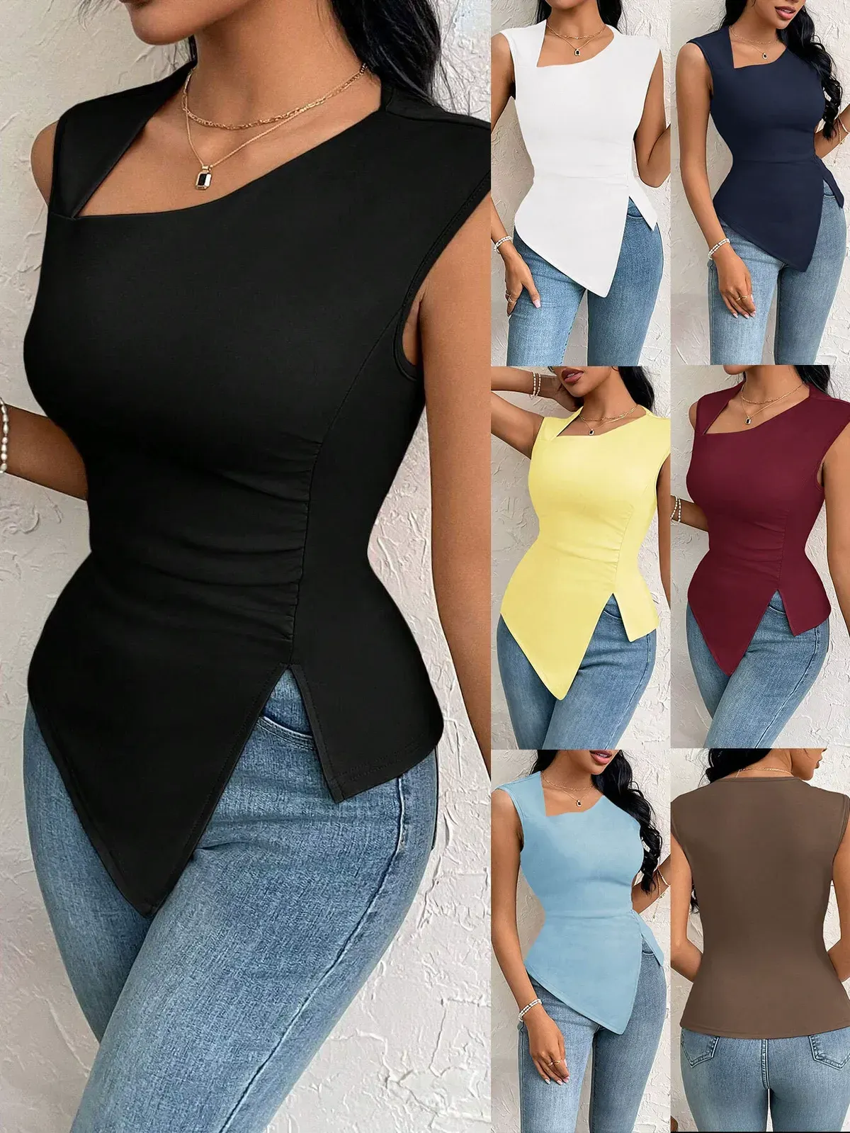 Women Simple Solid Color Irregular Hem Sleeveless Top