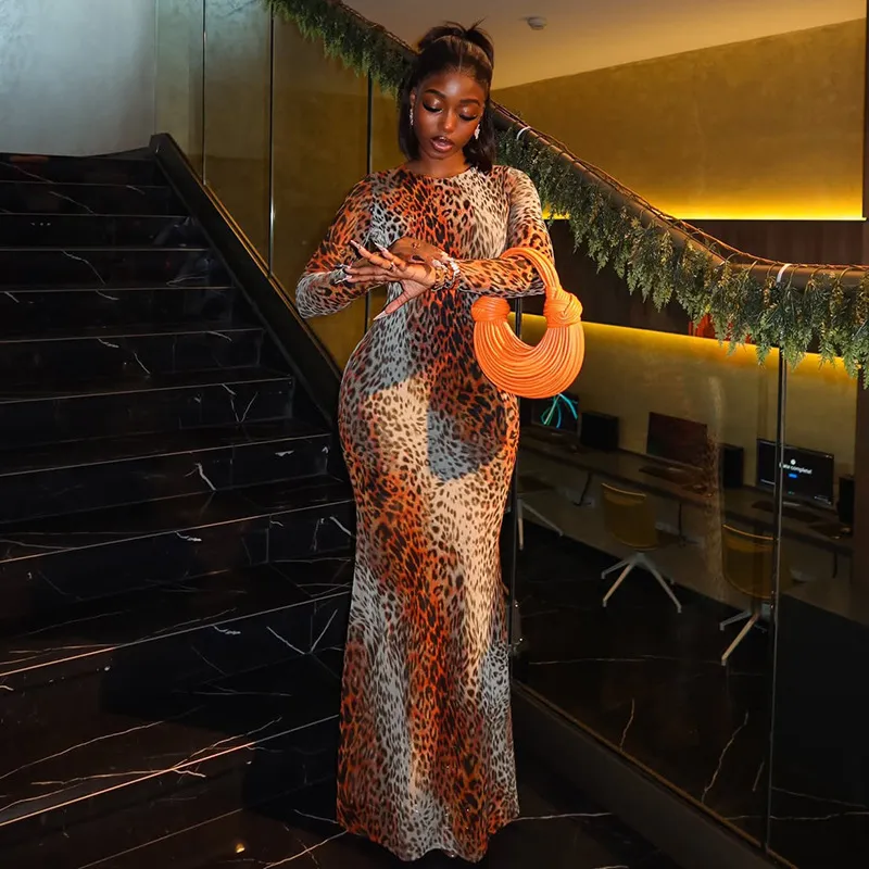 Women Sexy Leopard Print Long Sleeve Maxi Dress