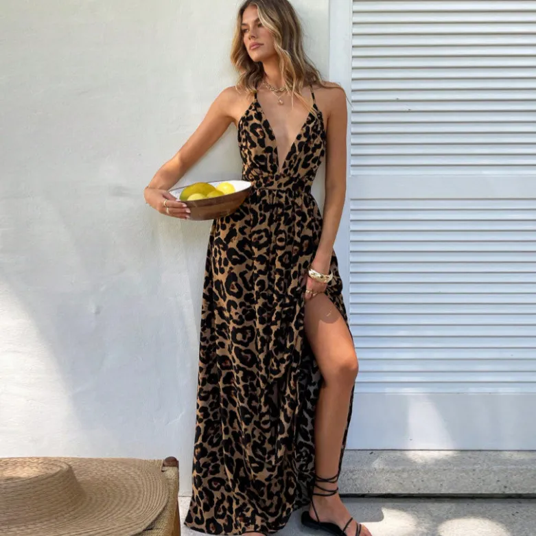 Women Fashion Leopard Print V-Neck Maxi Dress