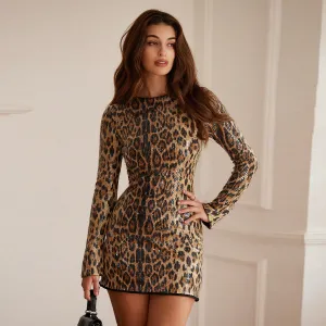 Women Elegant Leopard Sequined Long Sleeve Mini Dress