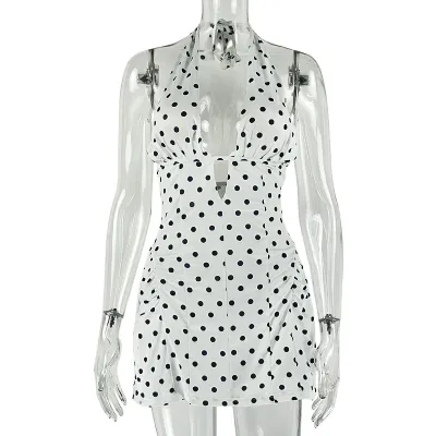 Women Sexy Fashion Polka Dot Printed Hanging Neck Hollow Mini Dress