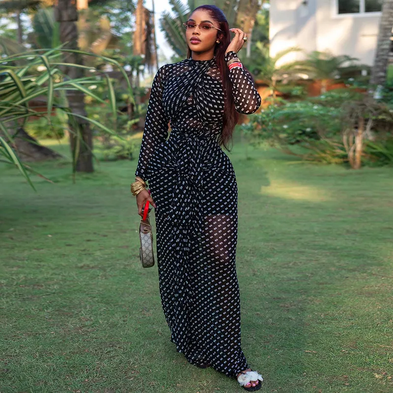 Women Fashion Polka Dot High Neck Long Sleeve Maxi Dress