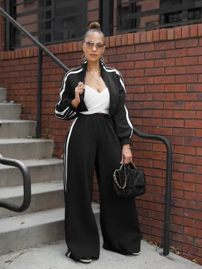 Autumn Women Casual Zip Sweat Top And Wide Leg Pants Athleisure Two-Piece Set