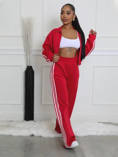 Autumn Women Casual Zip Sweat Top And Wide Leg Pants Athleisure Two-Piece Set