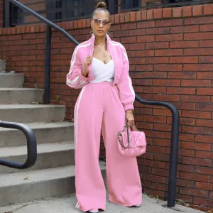 Autumn Women Casual Zip Sweat Top And Wide Leg Pants Athleisure Two-Piece Set