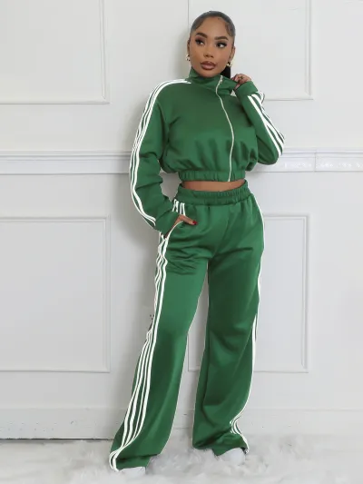 Autumn Women Casual Zip Sweat Top And Wide Leg Pants Athleisure Two-Piece Set