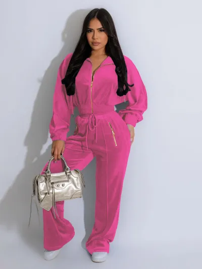 Autumn And Winter Athleisure Women Casual Fashion Long Sleeve Lapel Zipper Top And Pants Two-Piece Set