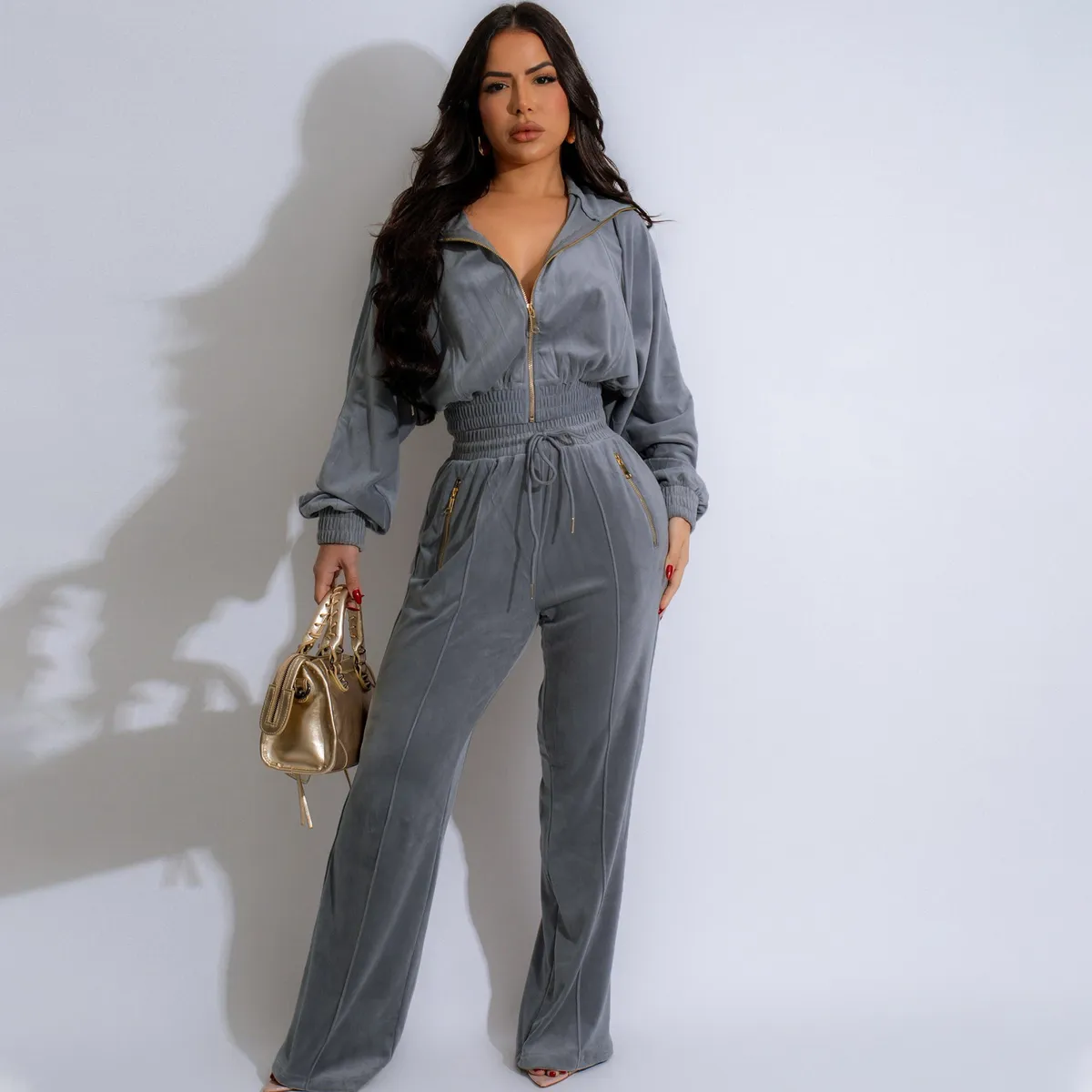 Autumn And Winter Athleisure Women Casual Fashion Long Sleeve Lapel Zipper Top And Pants Two-Piece Set