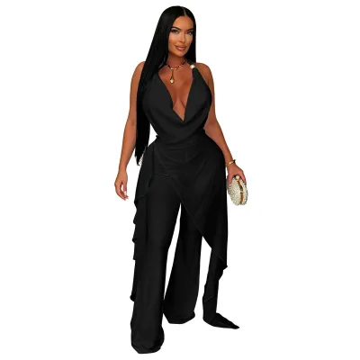 Women Fashion Solid Color Cowl Neck Irregular Strap Top And Pants Two-Piece Set