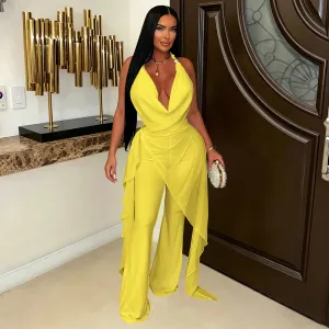 Women Fashion Solid Color Cowl Neck Irregular Strap Top And Pants Two-Piece Set