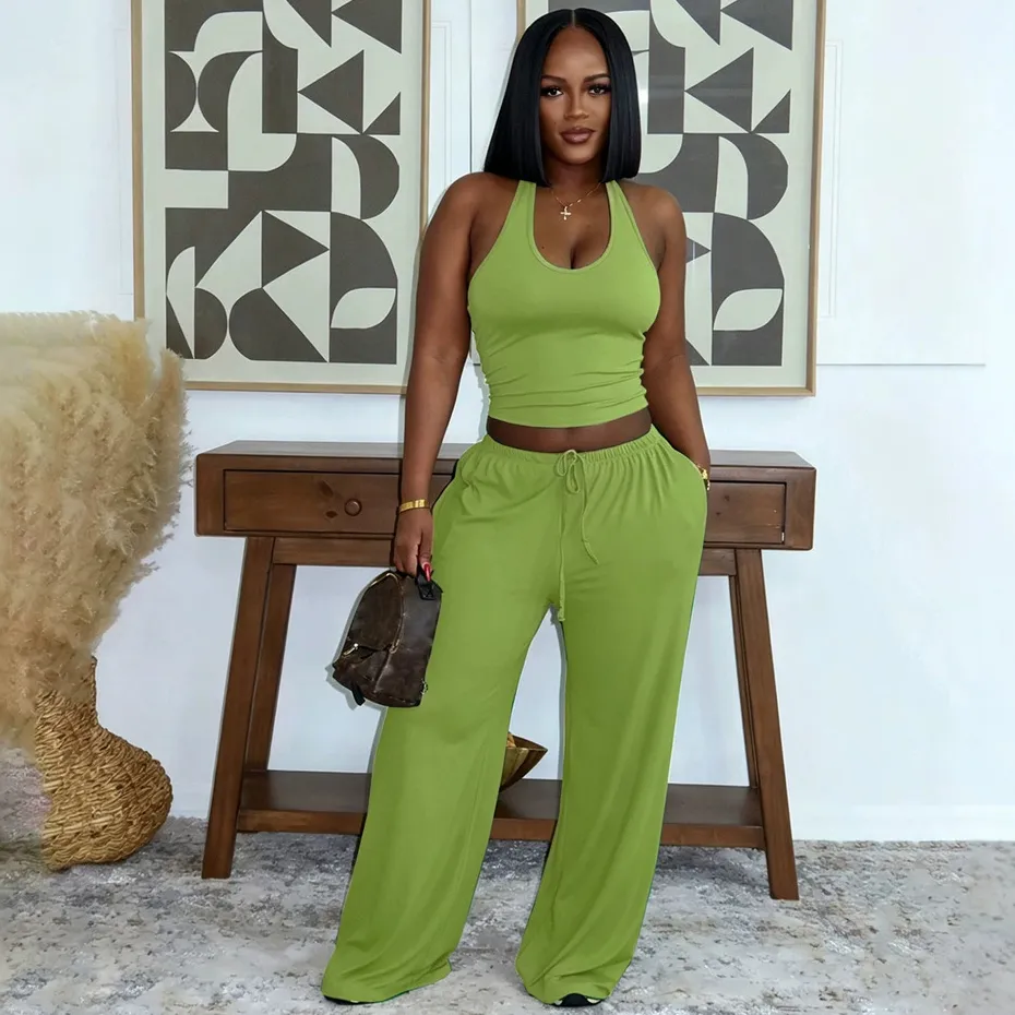 Women Fashion Solid Color Tanks And Wide Leg Pants Two-Piece Set